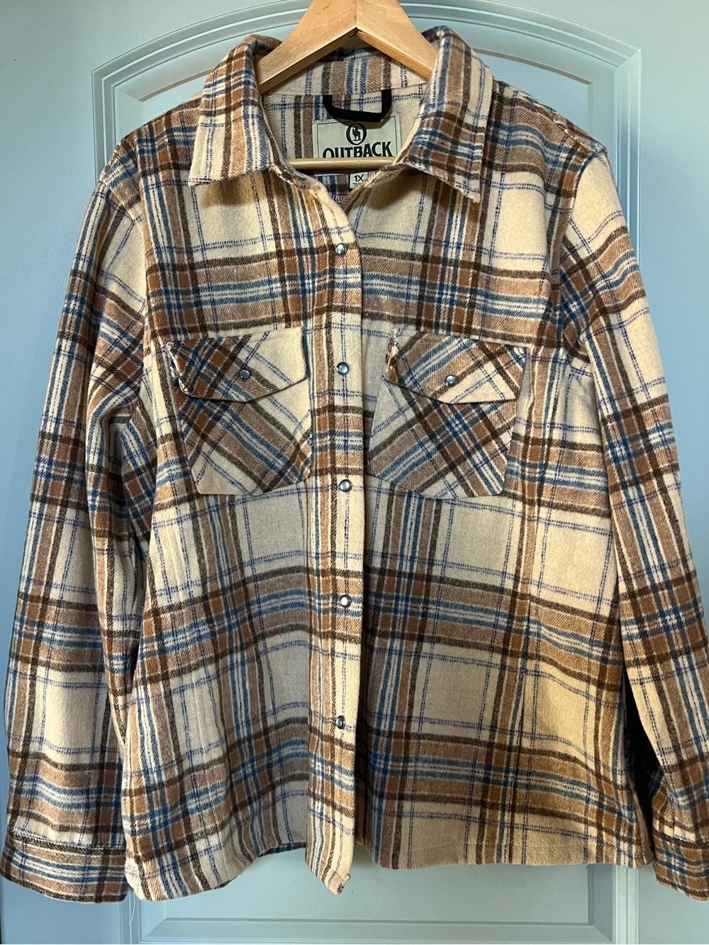 Outback Plaid Button-Up Shirt Jacket Shacket Flannel in Cream, Brown & Blue 1X